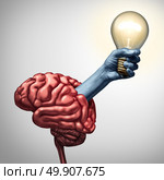 Find inspiration concept as an arm holding an illuminated lightbulb emerging out of a brain as an innovation metaphor for the power of ideas and creative inspiration success with 3D illustration elements. Стоковое фото, агентство Ingram Publishing / Фотобанк Лори