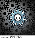 Partnership problem concept and diametricaly opposed vision as a business confrontation or personal separation as a businessman and businesswoman running in a gear in opposite directions with 3D illustration elements. Стоковое фото, агентство Ingram Publishing / Фотобанк Лори