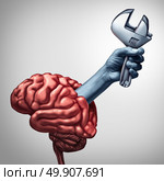Brain repair psychotherapy  or neurology surgery health care concept as a hand emerging from a human thinking organ holding a wrench as a medicine medical symbol of mind therapy or psychiatry and psychology with 3D illustration elements. Стоковое фото, агентство Ingram Publishing / Фотобанк Лори