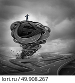 Business management concept as a businessman on top of a group of tangled roads shaped as a violent destructive storm tornado or hurricane as a financial risk metaphor with 3D illustration elements. Стоковое фото, агентство Ingram Publishing / Фотобанк Лори