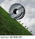 Technology eliminating jobs as technological progress is reducing employment  as a giant machine gear rolling down a cliff with people running away as a business or economical metaphor with 3D illustration elements. Стоковое фото, агентство Ingram Publishing / Фотобанк Лори