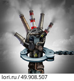Illegal pollution environmental protection concept as a group of toxic waste and dirty garbage with industrial smoke stacks shaped as a human hand in a handcuff for polluter justice with 3D illustration elements. Стоковое фото, агентство Ingram Publishing / Фотобанк Лори