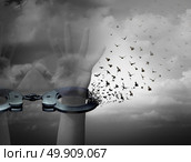 Free from shackles freedom concept and redemption symbol as human hands in opening handcuffs being transformed into flying birds as a deliverance and escape metaphor with 3D illustration elements. Стоковое фото, агентство Ingram Publishing / Фотобанк Лори