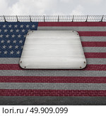 United States wall blank sign as an american border concept as a security barricade with a flag of the United States as a customs and country boundary barrier with empty copy space as a symbol for illegal immigration control as a 3D illustration. Стоковое фото, агентство Ingram Publishing / Фотобанк Лори