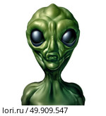 Alien character and UFO visitor and extraterrestrial humanoid green creature sighting concept as a symbol for the search for intelligent life in the universe as a 3D illustration isolated on a white background. Стоковое фото, агентство Ingram Publishing / Фотобанк Лори