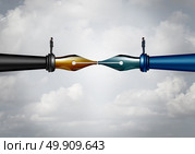 Contract signing and corporate agreement to sign a deal as two businessmen on ink pens joining together as business partners to agree on a settlement or mutual pact with 3D illustration elements. Стоковое фото, агентство Ingram Publishing / Фотобанк Лори