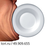 Eating issues and food disorder as anorexia or bulimia concept as a stretched mouth biting into an empty plate as a diet and nutrition symbol or extreme eater icon with 3D illustration elements. Стоковое фото, агентство Ingram Publishing / Фотобанк Лори