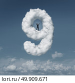 On cloud nine idiom concept as a person or businessman standing in triumph on a floating puffy cumulus cloud shaped as a symbol of euphoria or feeling of success as a psychological state of mind with 3D illustration elements. Стоковое фото, агентство Ingram Publishing / Фотобанк Лори