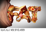 Eating fat food concept as an open mouth biting into unhealthy snacks shaped as text as a bad nutrition and obesity symbol for craving high calorie fatty meals. Стоковое фото, агентство Ingram Publishing / Фотобанк Лори