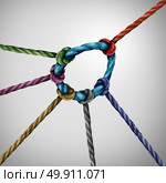Leadership pull concept and guiding a team as a leader directing the direction of a diverse group of rope symbols tied to a circle as a business metaphor for strong guidance. Стоковое фото, агентство Ingram Publishing / Фотобанк Лори