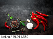 Red hot chili pepeprs and peppercorns on black metal background, top view. Стоковое фото, агентство Ingram Publishing / Фотобанк Лори