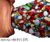 Too many pills health risk symbol and pharmaceutical overdose or overprescribed prescription drugs conceptas a person with a huge open mouth ingesting excessive amounts of medication as a metaphor for medicine with 3D illustration elements. Стоковое фото, агентство Ingram Publishing / Фотобанк Лори