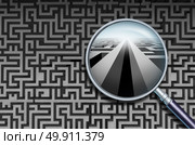 Business search solution and to discover and decode complicated confusion as a magnifying glass finding a way forward as a success metaphor solving a problem with creativity as a 3D illustration. Стоковое фото, агентство Ingram Publishing / Фотобанк Лори