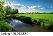 River and field in spring on a sunny day. Стоковое фото, агентство Ingram Publishing / Фотобанк Лори