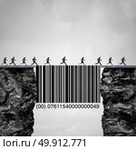 Consumer solution and client or customer service concept as people crossing two cliff with the help of a bridge shaped as a commercial bar code helping clientele and sales as a business marketing metaphor with 3D illustration elements. Стоковое фото, агентство Ingram Publishing / Фотобанк Лори