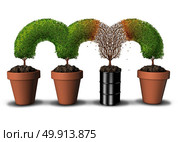 Contaminated environment concept with pollution and toxic contaminant in the soil as a dead tree segment growing in a a petroleum oil can or dangerous chemical barrel killing nature with 3D illustration elements. Стоковое фото, агентство Ingram Publishing / Фотобанк Лори