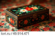 Ornate black lacquered box with intricate floral design and gold detailing against earthy fabric background. Стоковое AI-изображение, AI-художник Андрей Бакусов / Фотобанк Лори