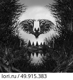 Scary Skull background as a surreal haunted forest with dead trees and mountain shaped as a possessed skeleton head with 3d illustration elements as a halloween or fear metaphor. Стоковое фото, агентство Ingram Publishing / Фотобанк Лори