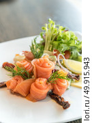 salmon sashimi with potato salad. Стоковое фото, агентство Ingram Publishing / Фотобанк Лори