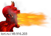 Demon fire flame on a white background as a creepy scary red horned satanic beast monster breathing out hot flames as a halloween or horror symbol with 3D illustration elements. Стоковое фото, агентство Ingram Publishing / Фотобанк Лори