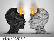 Racial relations challenge and social or society race tension as two black and white human heads facing each other in crisis as they both burn as a society and social relationship trouble in a 3D illustration style. Стоковое фото, агентство Ingram Publishing / Фотобанк Лори