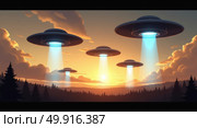 Dramatic dusk scene of ufos hovering over a mystical landscape with silhouetted trees and emitting blue beams of light. Стоковое AI-изображение, AI-художник Андрей Бакусов / Фотобанк Лори
