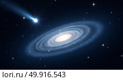 Stunning digital illustration of the andromeda galaxy with a glowing core and streaking comet against a cosmic blue background. Стоковое AI-изображение, AI-художник Андрей Бакусов / Фотобанк Лори