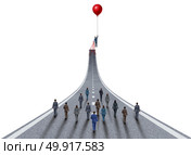 Managing business success ambitions concept as a management and team manager symbol as a businessman lifting a road up with a balloon as a leadership metaphor with 3D illustration elements on white. Стоковое фото, агентство Ingram Publishing / Фотобанк Лори
