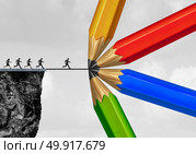Group drawing a bridge and conquering adversity business concept as people running from a cliff with the help of a team of diverse pencils creating a helping path to success as a concept for bridging the gap with 3D illustration elements. Стоковое фото, агентство Ingram Publishing / Фотобанк Лори