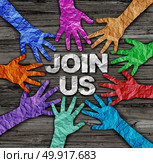 Join us recruit membership concept as a diverse community of hands made of crumpled paper coming together joining a campaign as a diversity collaboration in a 3D illustration style. Стоковое фото, агентство Ingram Publishing / Фотобанк Лори
