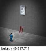 Difficult career problem or challenge and limited business tool concept and limitations to access as a businessman with a small ladder to an Inaccessible door with 3D illustration elements. Стоковое фото, агентство Ingram Publishing / Фотобанк Лори