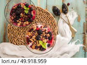 Yogurt desert with raspberries, blackberry and mint. Стоковое фото, агентство Ingram Publishing / Фотобанк Лори