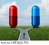 Red and blue pill choice as a person at a crossroad looking at medication capsules as a symbol of choosing between truth and illusion or knowledge or ignorance or pharmaceutical treatment option concept with a 3D render. Стоковое фото, агентство Ingram Publishing / Фотобанк Лори