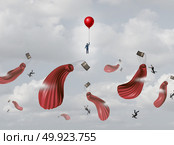 Corporate insurance plan and business protection as a prepared businessman saved by emergency equipment with other people falling from deflated air balloons with 3D render elements. Стоковое фото, агентство Ingram Publishing / Фотобанк Лори