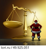 Christmas law and winter holiday legal issues as santaclaus standing in front of a justice scale with 3D render elements. Стоковое фото, агентство Ingram Publishing / Фотобанк Лори