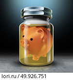 Preserve money and financial savings and long term budget economic planning concept as a piggy bank inside a jar full of formaldehyde liquid as a 3D render. Стоковое фото, агентство Ingram Publishing / Фотобанк Лори