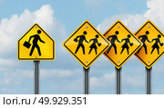 Marketing to school kids concept as a group of traffic signs with children being followed by a salesperson trying to sell or advertise to an academic child with 3D illustration elements. Стоковое фото, агентство Ingram Publishing / Фотобанк Лори