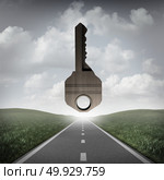 Road key to success concept as a path to succeed with a solution goal ahead as a surreal business or life metaphor for answers as a 3D illustration. Стоковое фото, агентство Ingram Publishing / Фотобанк Лори