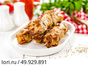 Grilled meat skewers, shish kebab on white background. Стоковое фото, агентство Ingram Publishing / Фотобанк Лори