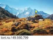 Standing man on the stone and looking on amazing Himalayan mountains. Landscape with traveler, high rocks with snowy peaks, plants, forest in autumn in Nepal. Lifestyle, travel. Trekking in Himalayas. Стоковое фото, агентство Ingram Publishing / Фотобанк Лори