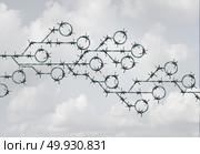 Technology security and cyber safety as barb wire shaped as a computer circuit symbol  as a tech threat protection in a 3D illustration style. Стоковое фото, агентство Ingram Publishing / Фотобанк Лори