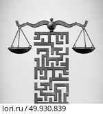 Justice Solution and legal direction concept as a justice scale shaped as a maze or labyrinth as a 3D illustration. Стоковое фото, агентство Ingram Publishing / Фотобанк Лори