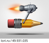 Fast learning and quick education service as a jet engine attached to a pencil as a symbol for  training and  efficient schooling as a 3D illustration. Стоковое фото, агентство Ingram Publishing / Фотобанк Лори