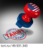 United States tariffs and American trade tariff in the US as a stamp mark as an economic import and exports tax or duty concept as a 3D illustration. Стоковое фото, агентство Ingram Publishing / Фотобанк Лори