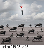 Escape the bull market and investing timing concept as an investment strategy symbol as bulls and shareholders running in an economic crisis with 3D illustration elements. Стоковое фото, агентство Ingram Publishing / Фотобанк Лори
