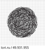 Abstract hand drawn scrawl sketch black color circle tangle, scribble, doodle on grid white background. Vector illustration. Стоковая иллюстрация, агентство Ingram Publishing / Фотобанк Лори