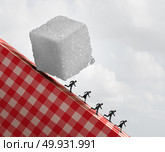 Sugar health danger as a medical concept with people running away from a sweet granulated refined white sugar cube as a metaphor for unhealthy diet with 3D illustration elements. Стоковое фото, агентство Ingram Publishing / Фотобанк Лори