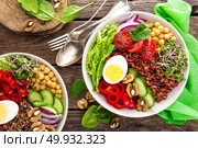 Buddha bowl dish with boiled egg, chickpea, fresh tomato, sweet pepper, cucumber, savoy cabbage, red onion, green sprouts, spinach leaves, walnuts, chia and rice. Healthy lunch, dinner. Detox diet. Стоковое фото, агентство Ingram Publishing / Фотобанк Лори