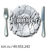 Hunger concept and hungry idea as a cracked broken plate with text as a poverty and malnutrition symbol as a 3D illustration.. Hunger Concept. Стоковое фото, агентство Ingram Publishing / Фотобанк Лори