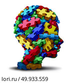 Autism developmental disorder puzzle children symbol as an autistic child awareness icon as jigsaw pieces coming together to form a young student head as a 3D illustration.. Autism developmental Disorder. Стоковое фото, агентство Ingram Publishing / Фотобанк Лори